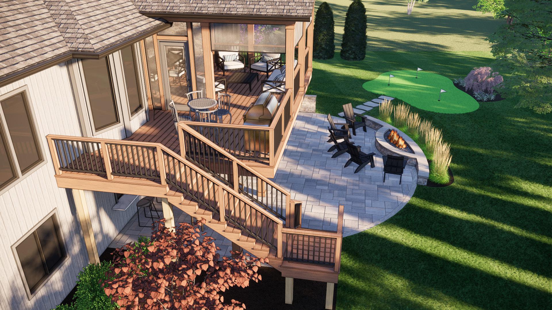 A modern house with a spacious deck, outdoor seating, fire pit, and putting green, surrounded by lush greenery and trees.