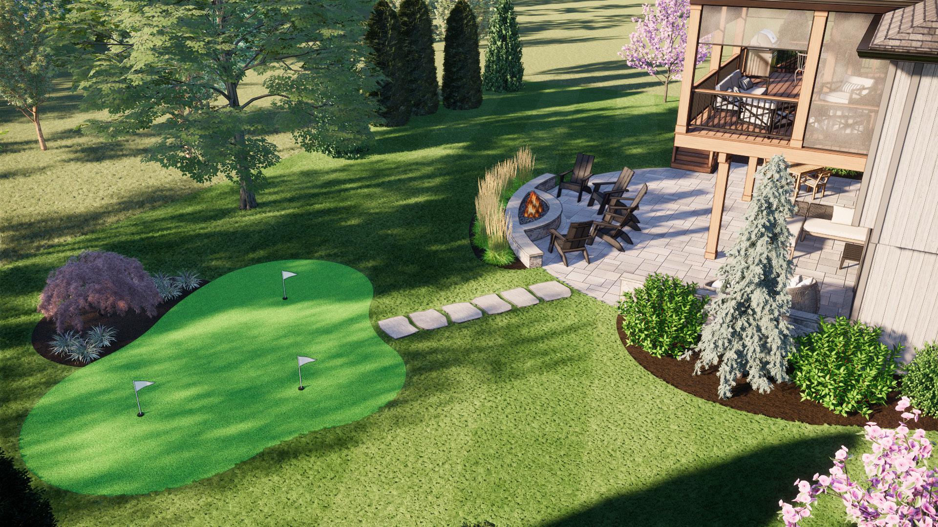 A backyard scene with a putting green, patio, fire pit, chairs, and screened porch surrounded by trees and landscaped gardens.