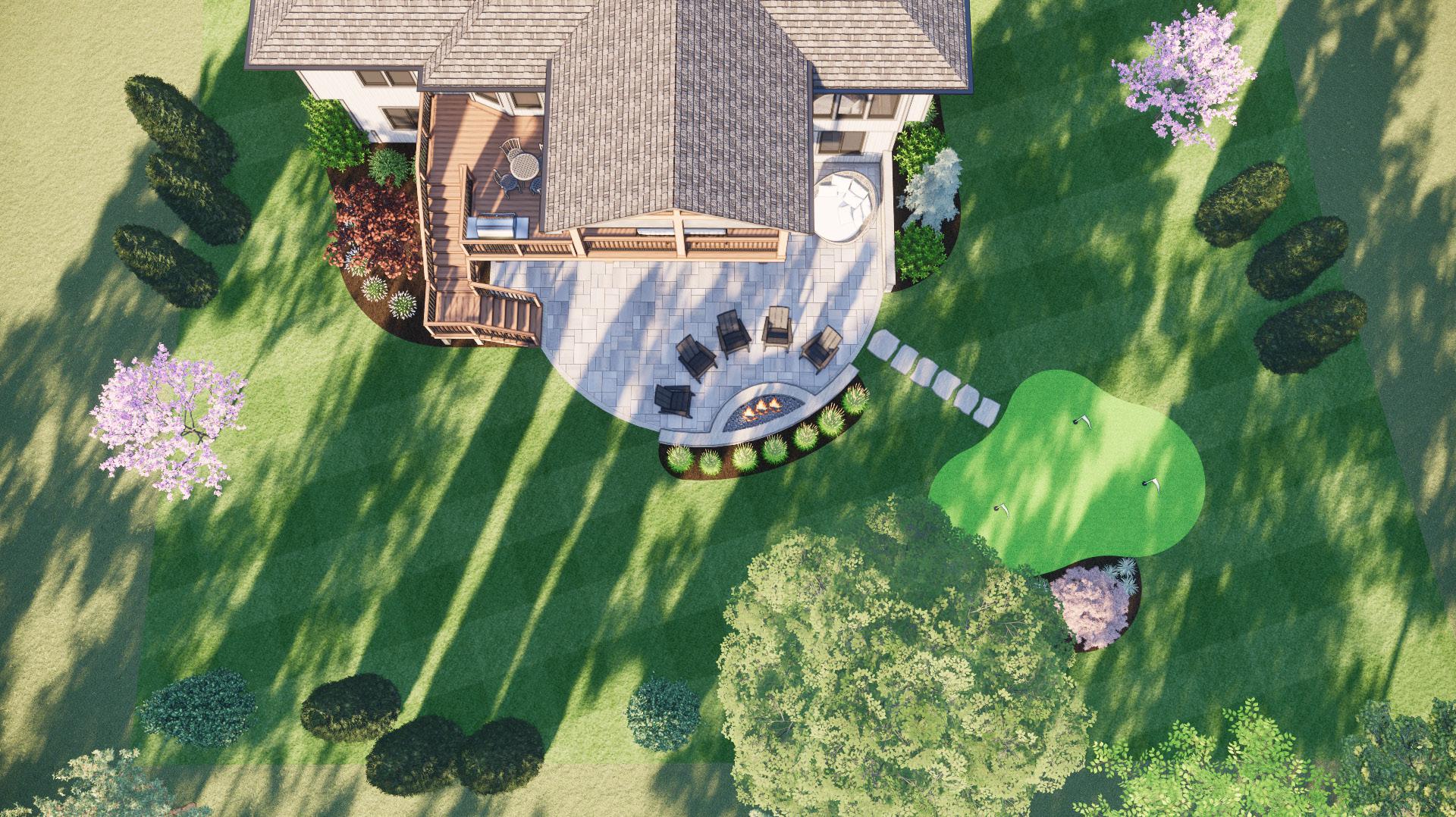An aerial view of a landscaped backyard features a patio, seating area, and a small putting green amidst lush greenery and flowering trees.
