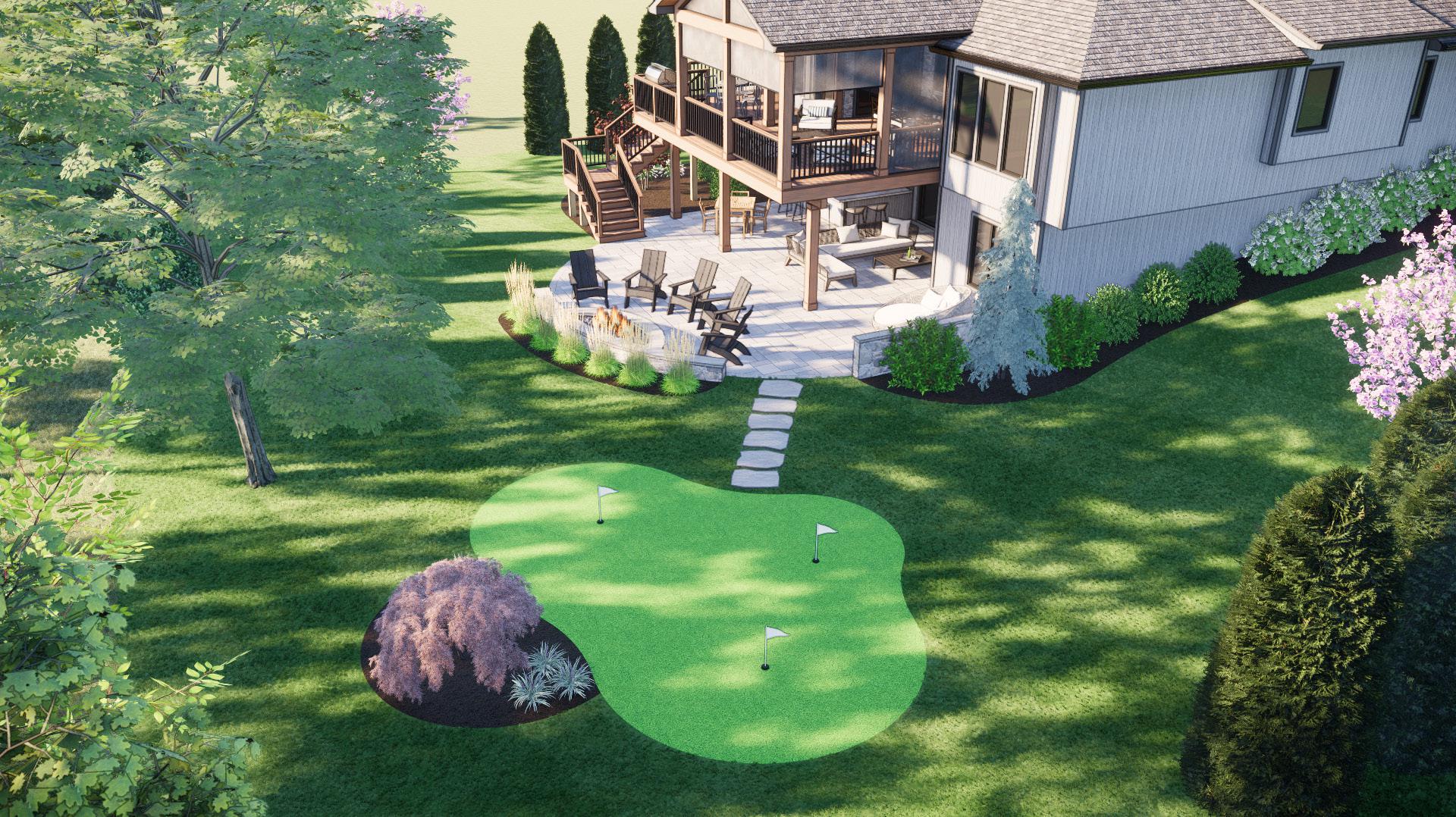 A spacious backyard features a putting green, patio with chairs, a fire pit, and a deck. Trees and shrubs surround the area.