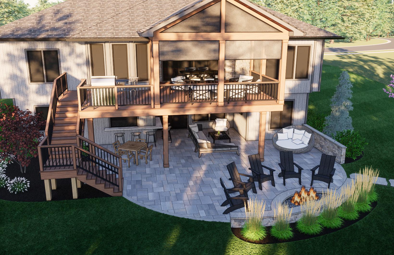 A modern house with a wooden deck, stairs, patio furniture, fire pit, and surrounding greenery under a clear sky.