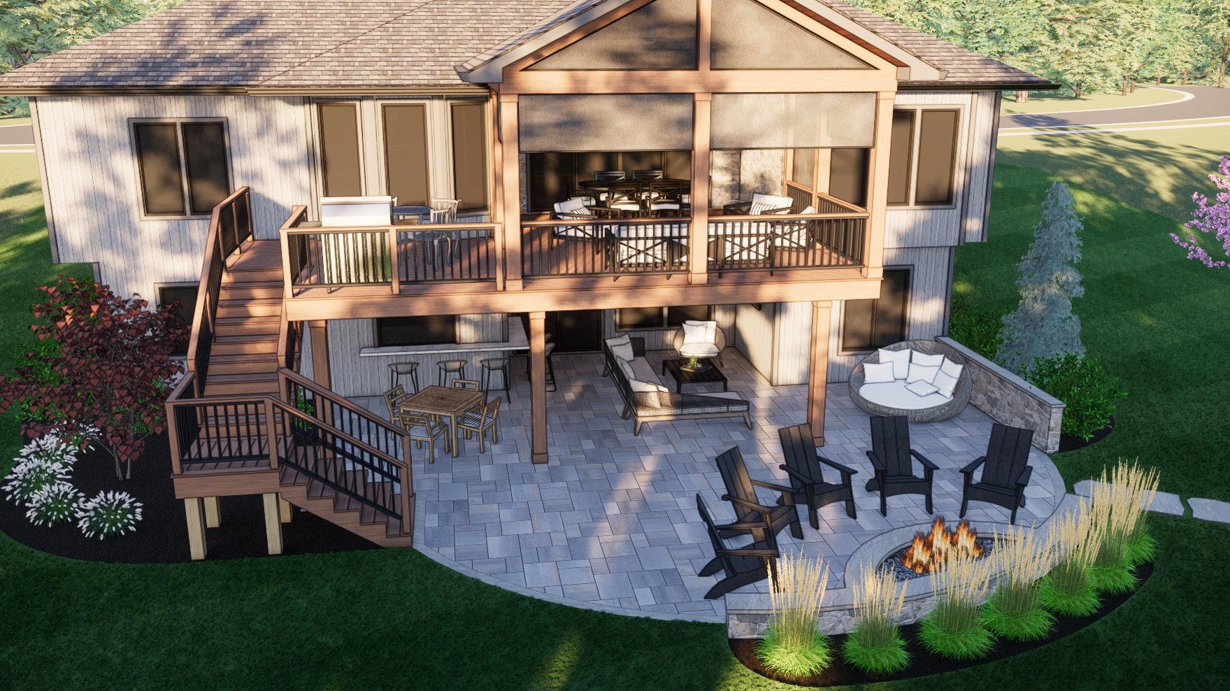 Modern two-story home with wooden deck, outdoor seating, fire pit, and lush garden surrounded by trees. Ideal for relaxation and entertainment.