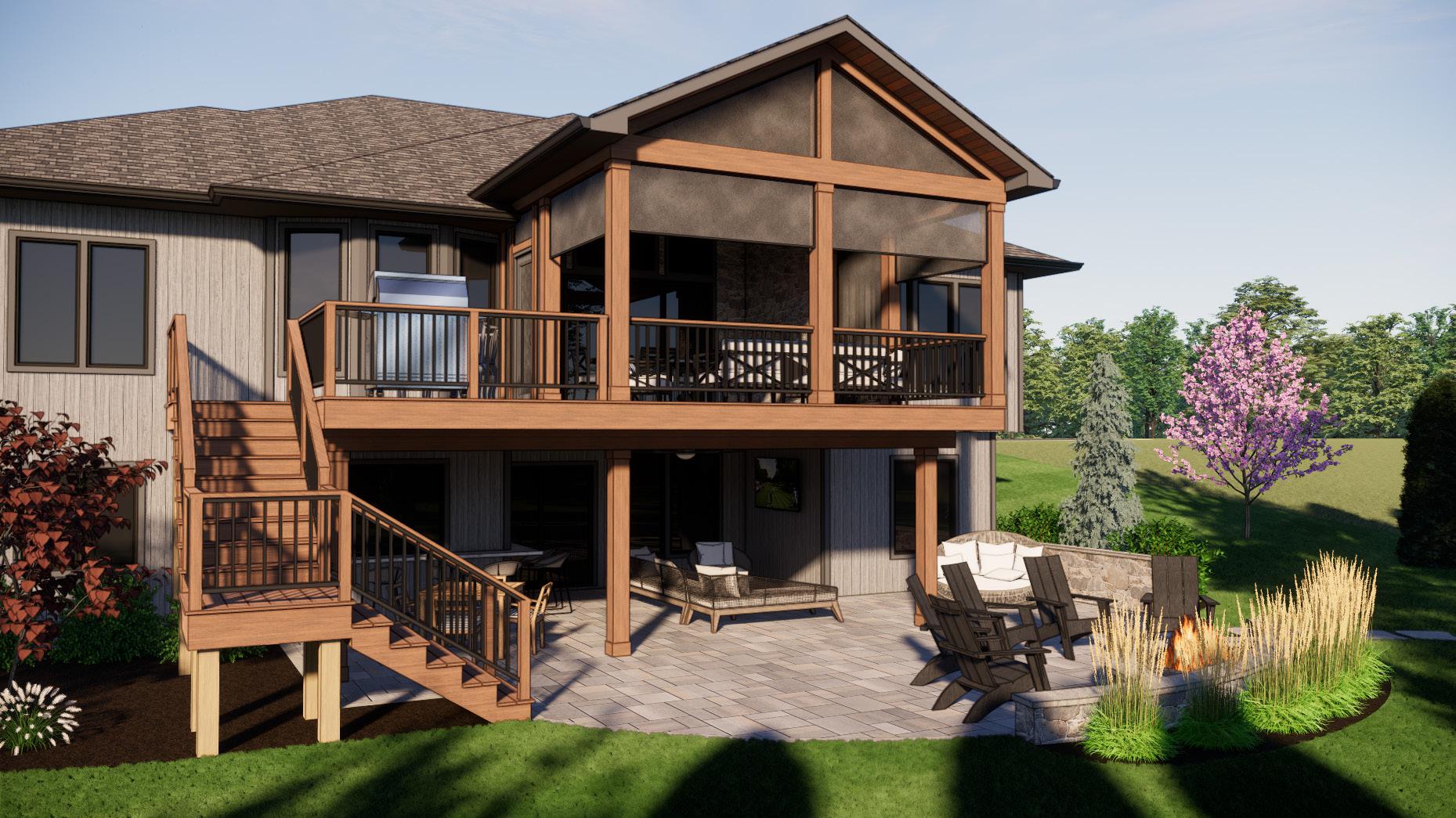 A modern house with a two-level wooden deck overlooks a landscaped backyard featuring a patio with chairs and a fire pit.