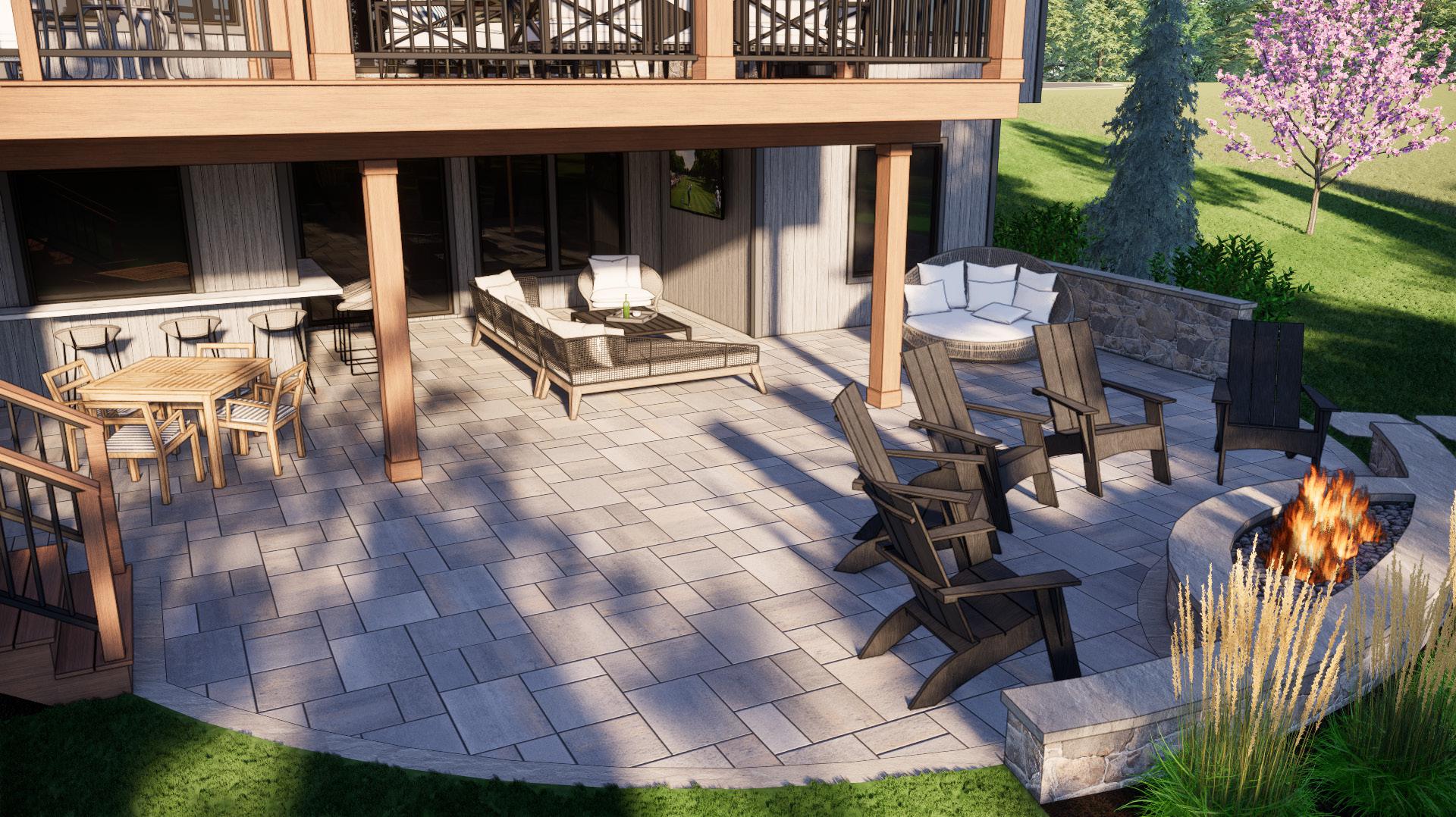 A spacious outdoor patio with comfortable seating, fire pit, and adjacent greenery. It's a peaceful setting for relaxation or gatherings.