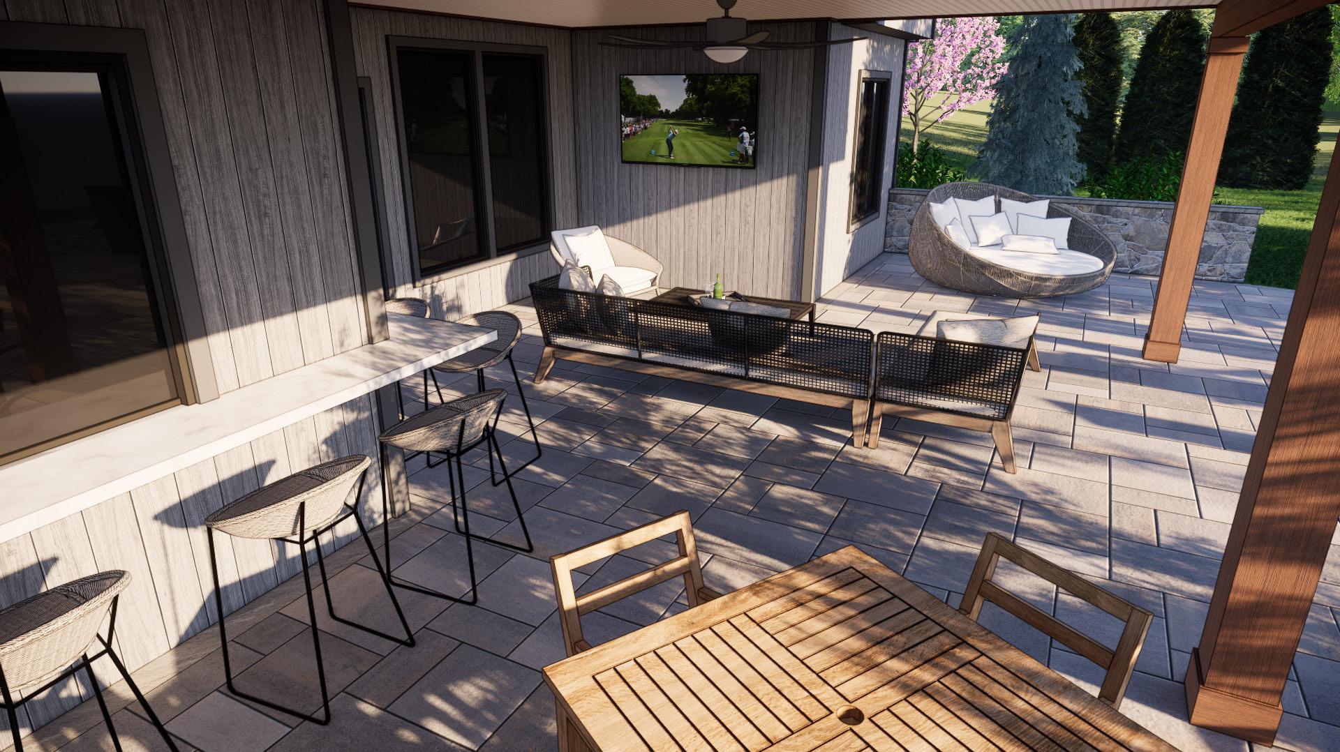 Modern patio with seating, TV, and barstools. Wooden and stone elements create a cozy, outdoor lounging area surrounded by trees and stone wall.