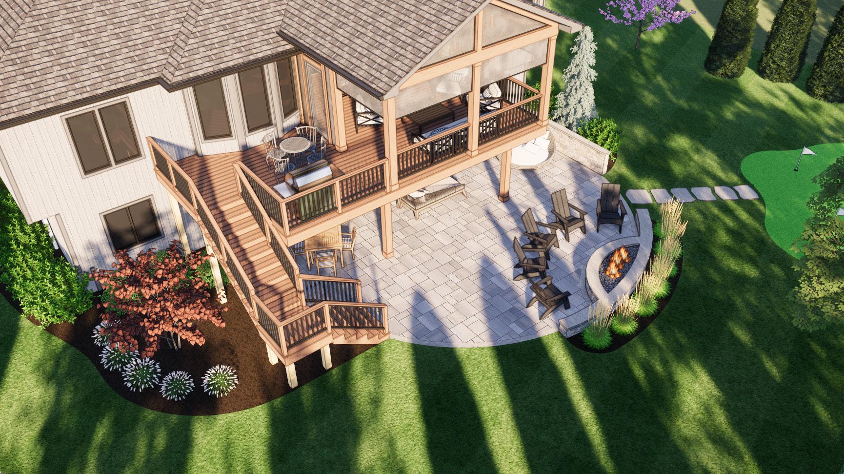 A modern house features a wooden deck and stone patio with fire pit, surrounded by green grass and landscaped plants.