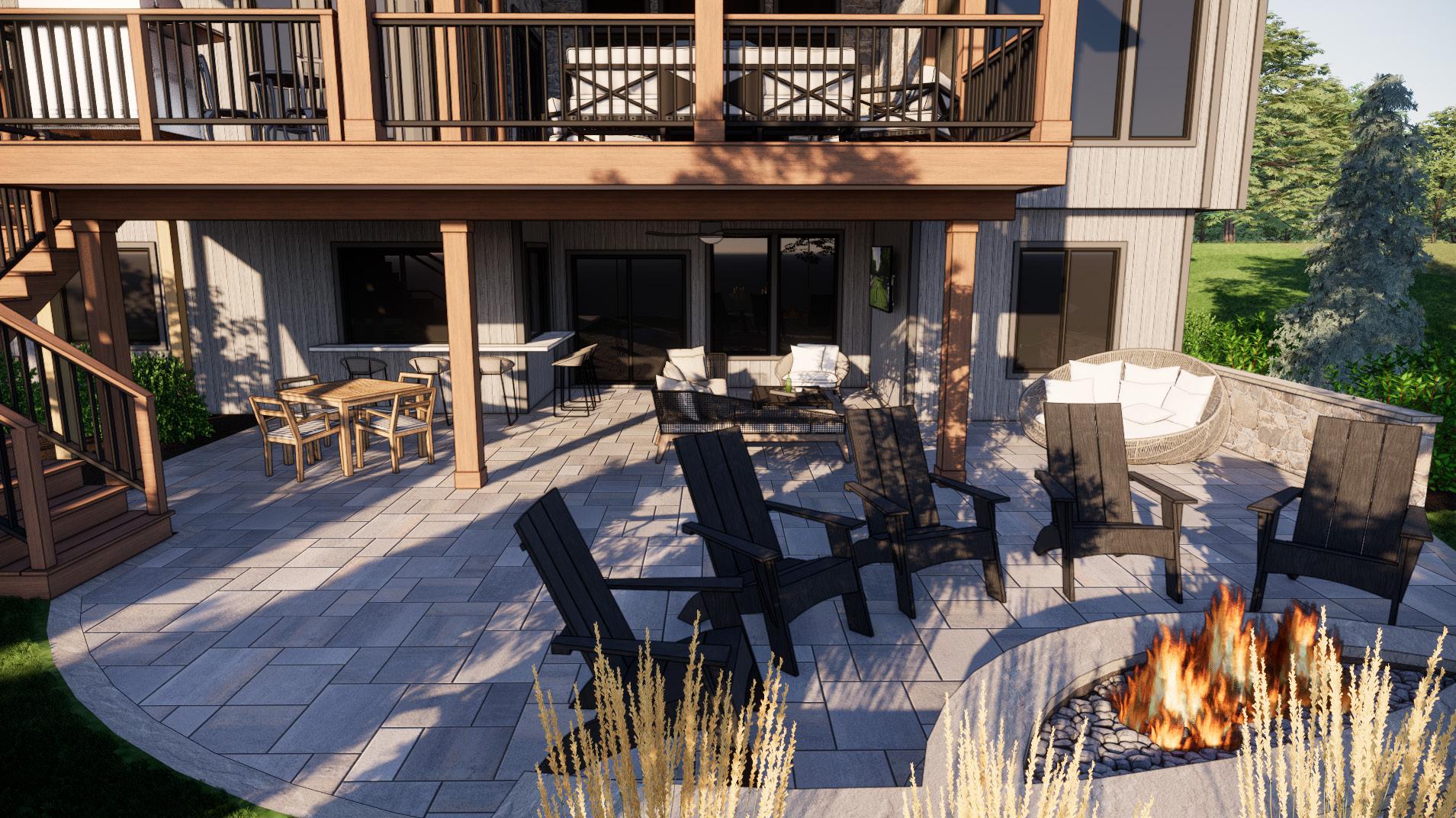 Two-level wooden deck with patio furniture, fire pit, and garden. Sunny outdoor seating area, featuring multiple chairs and stairs leading up.