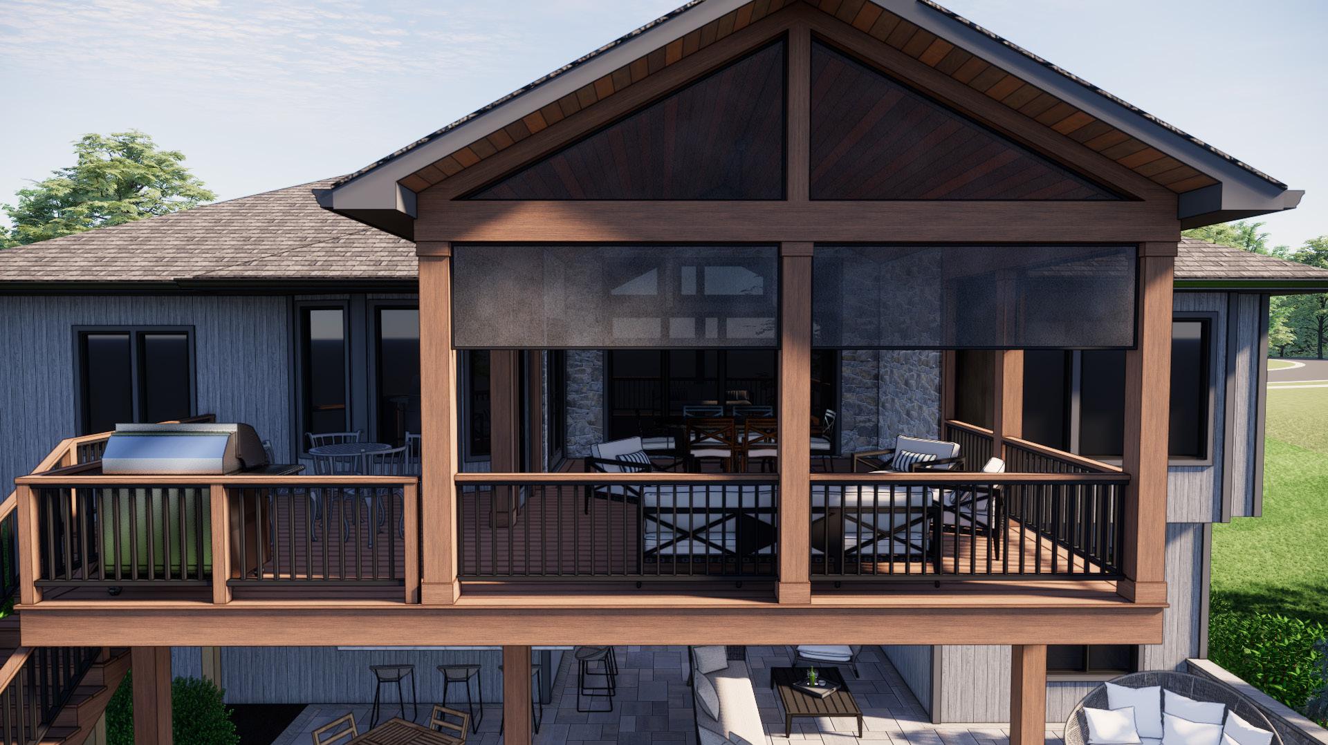 A modern house features a covered patio with furniture and a grill, surrounded by greenery and a clear sky above.