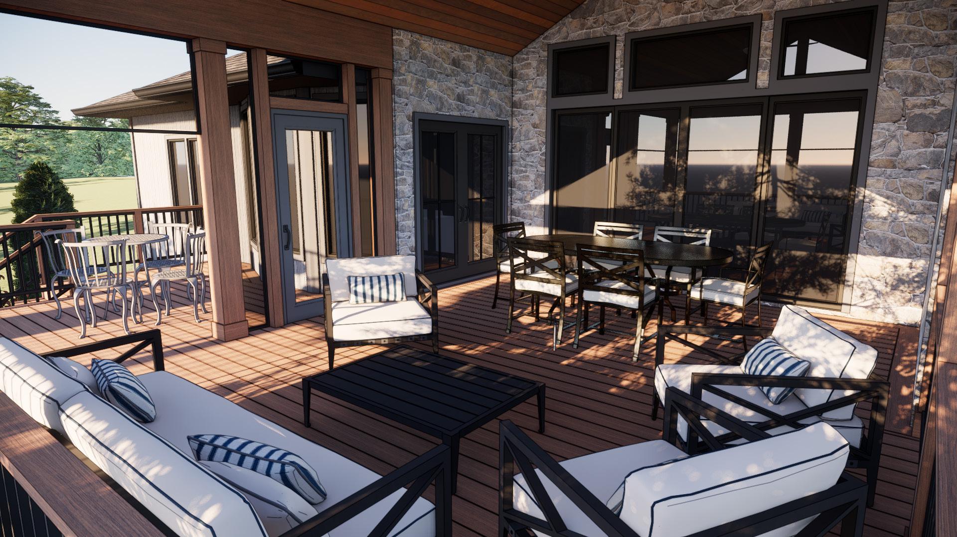 Stylish deck featuring modern outdoor furniture, stone walls, and wooden flooring. Sun casts shadows through large windows, creating a cozy, inviting atmosphere.